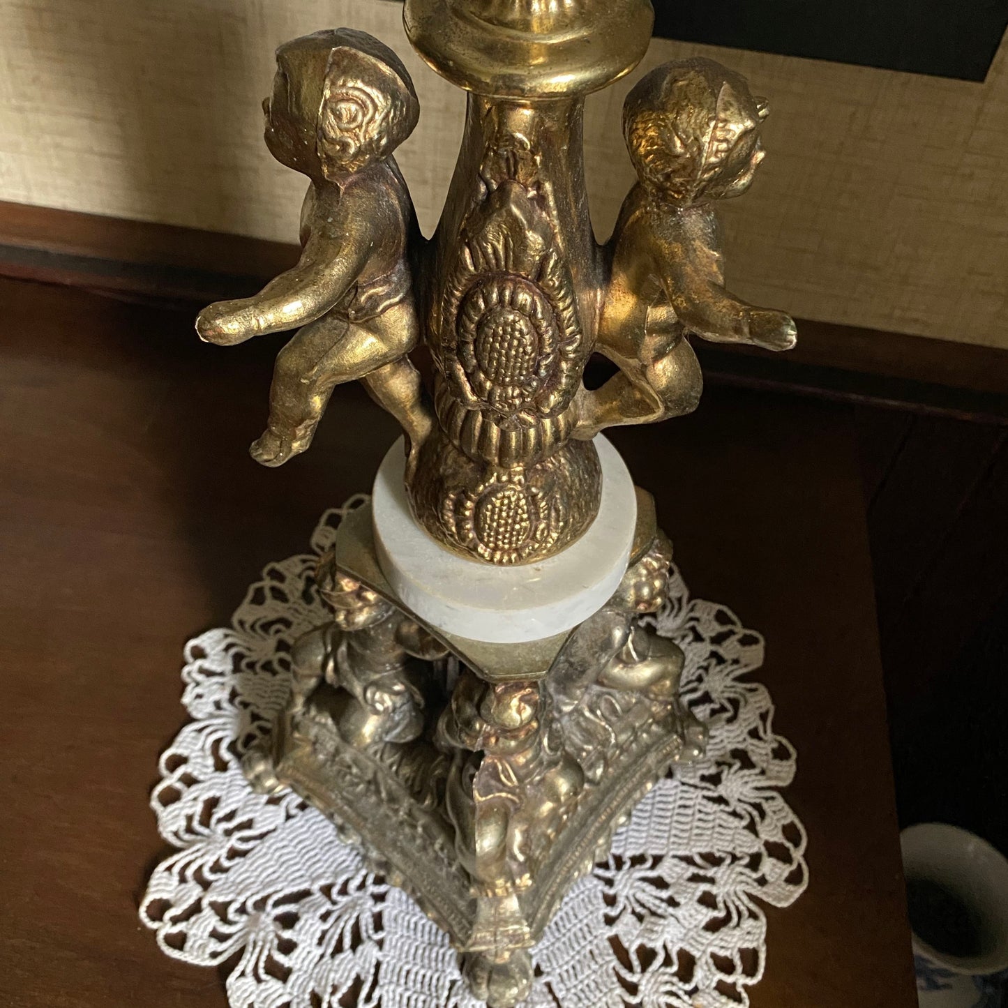 Brass Cherub Lamp with Silk Shade
