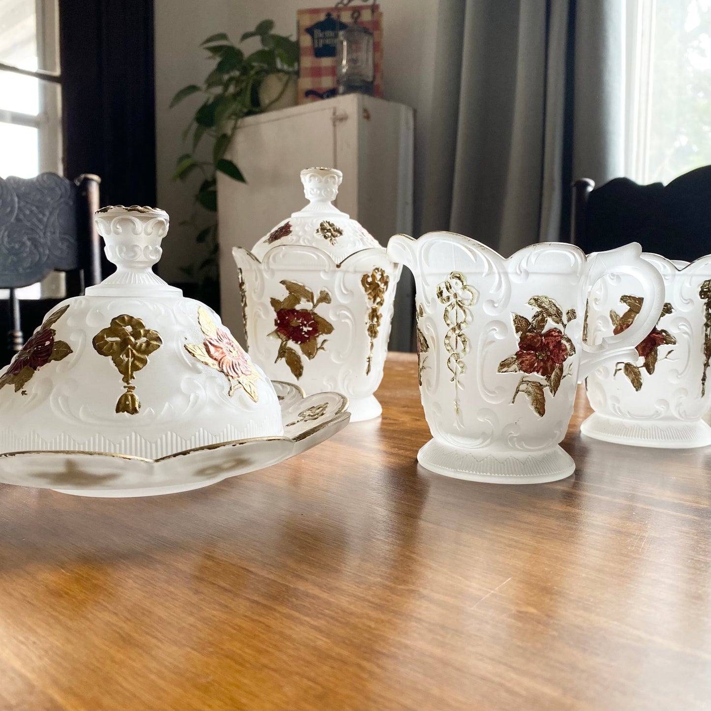 Early American Pressed Glass 6 pc EAPG Frosted Glass Breakfast Set