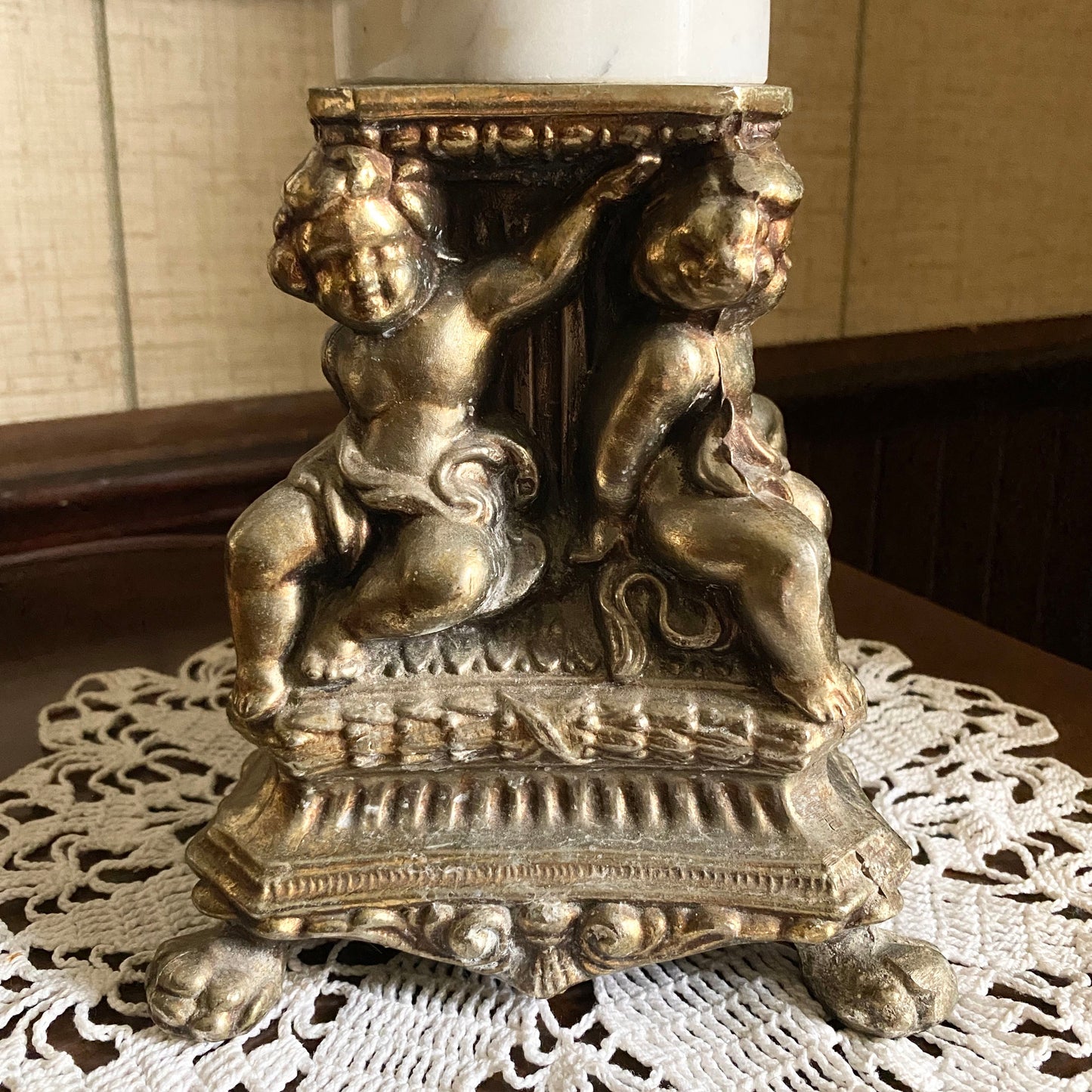 Brass Cherub Lamp with Silk Shade