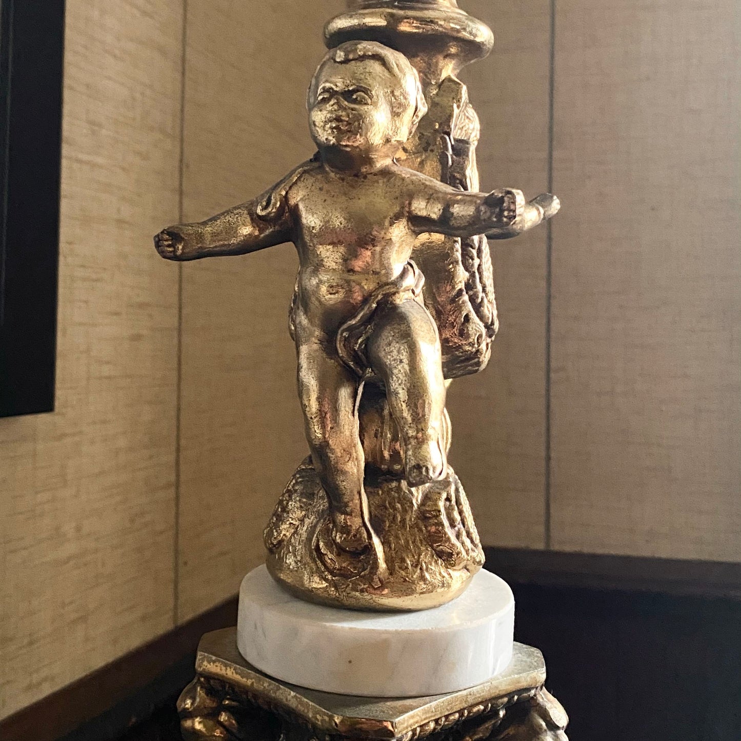 Brass Cherub Lamp with Silk Shade