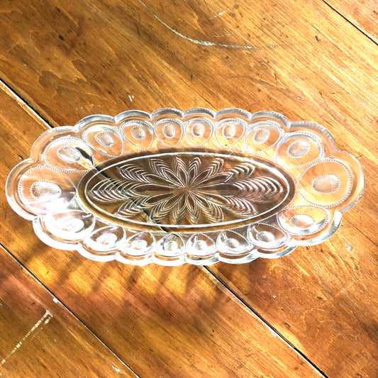 Early Pressed Glass Celery Dish, Peacock Pattern